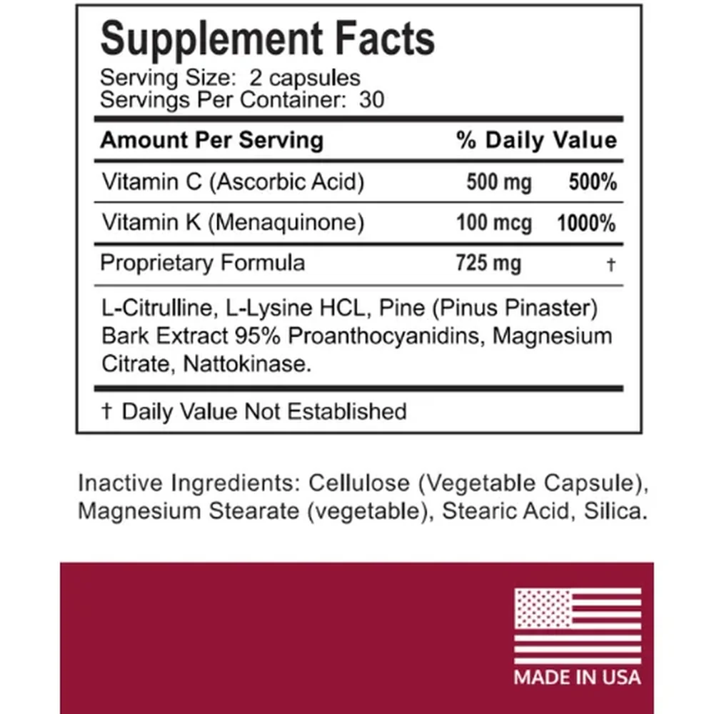 Boostaro Supplement Facts label — vitamin C, vitamin K2 and 725 mg proprietary blend